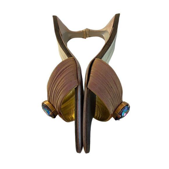 Gold Tone Mesh Open Toe Kitten Heel Sandal w/ Iridescent Heart Shaped Jewel. - Picture 7 of 12